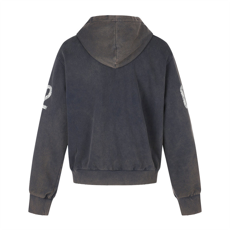 Back view of black washed hoodie with hood and ribbed hem