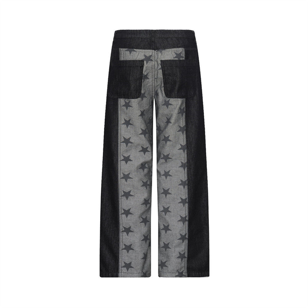Black Baggy Jeans Men Star Print Patchwork Wide-Leg Denim Pants