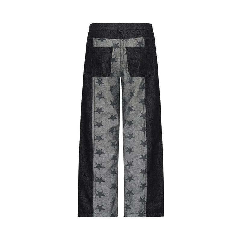 Black Baggy Jeans Men Star Print Patchwork Wide-Leg Denim Pants