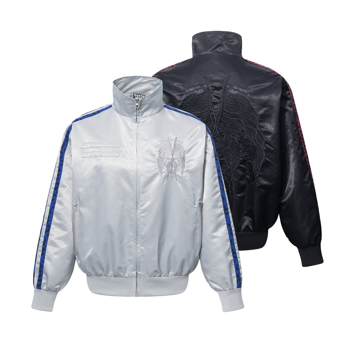 Blouson bomber satiné brodé avec col montant et bande rayée effet léopard, coloris gris argenté et noir, vues de face et