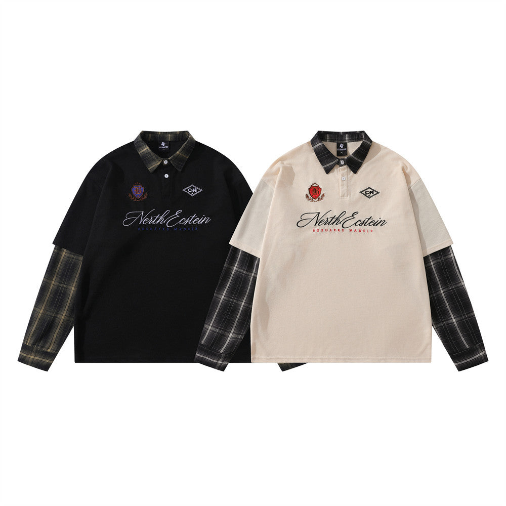 Faux Two-Piece Plaid Splice Long Sleeve Polo Shirt – Oversized Collegiate Style
