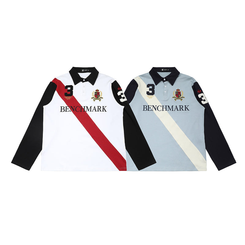 Benchmark Long-Sleeve Rugby Polo Shirt – Colorblock Diagonal Stripe & Crest