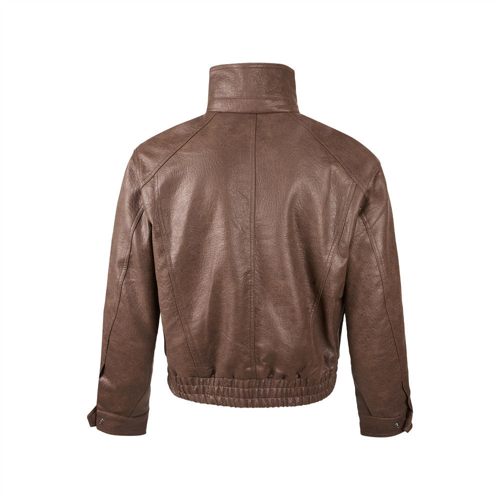 Men's Brown Leather Jacket PU Moto-Style High Collar Snap Button Bomber