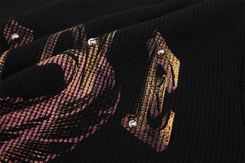 Black Graphic Long Sleeve Shirt – Dark Cross Flame Print Oversized Waffle Knit