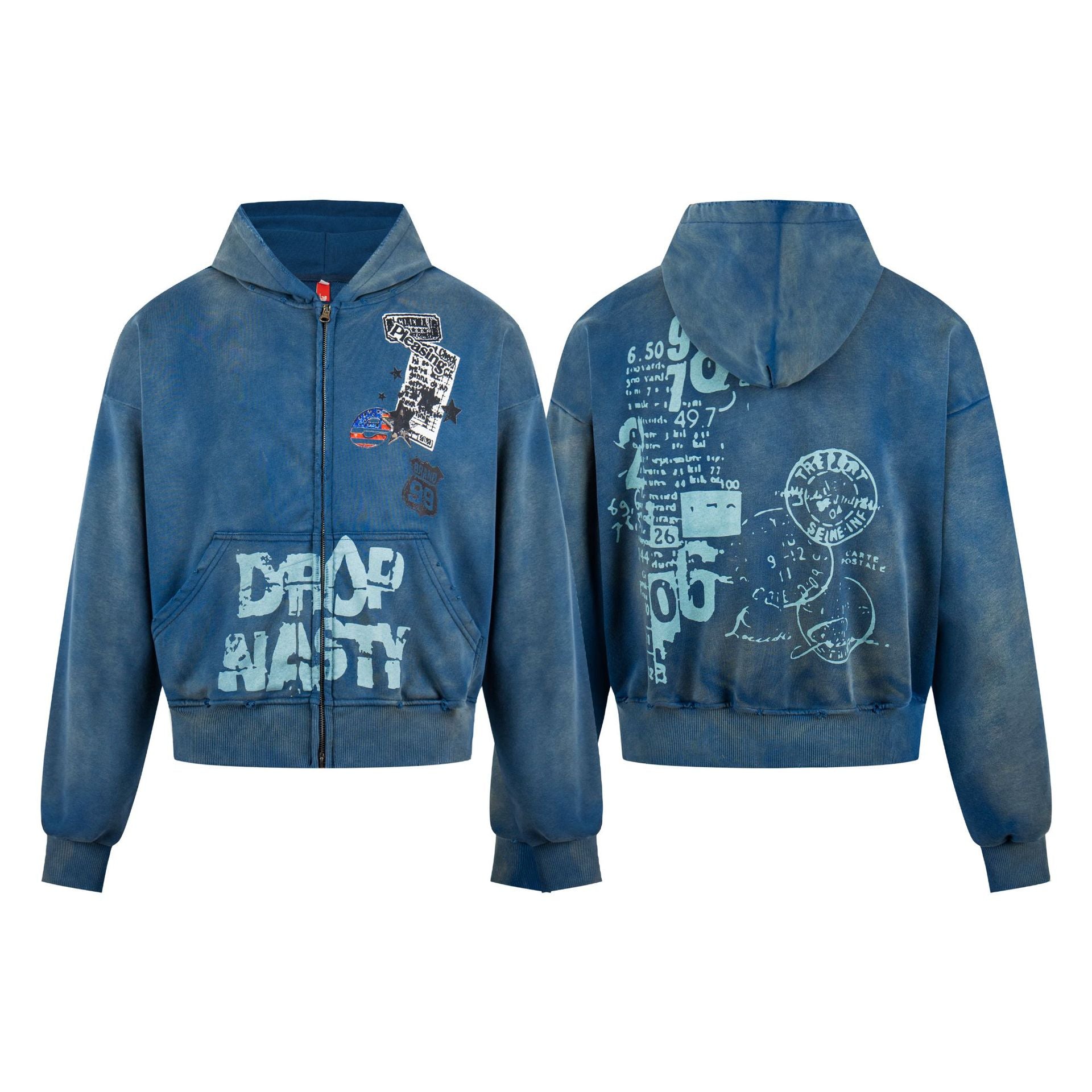 Hoodie zippé Drop Nasty délavé – Streetwear oversize à imprimé graffiti