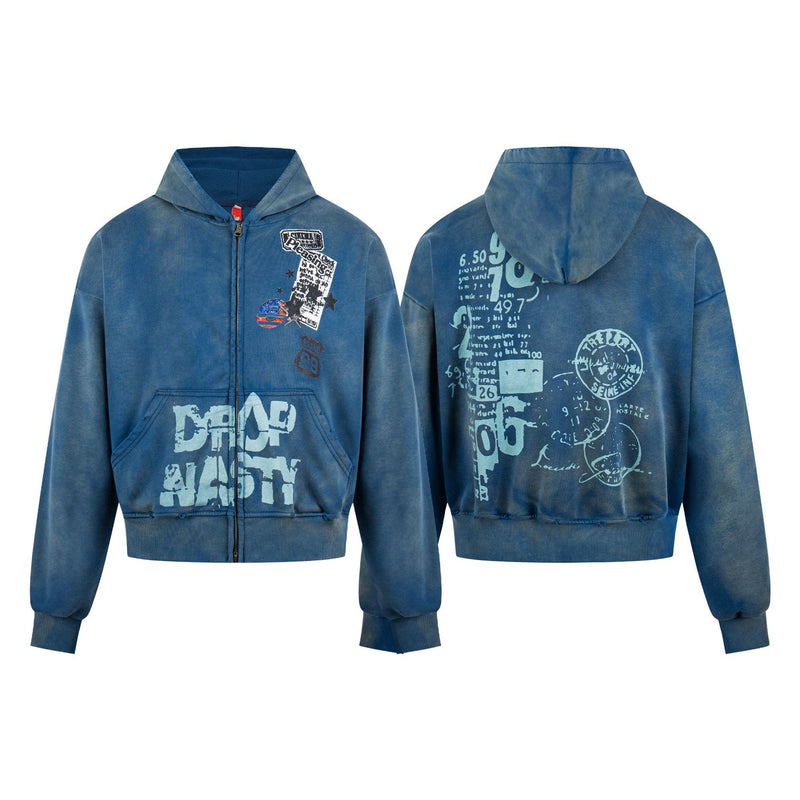 Hoodie zippé Drop Nasty délavé – Streetwear oversize à imprimé graffiti