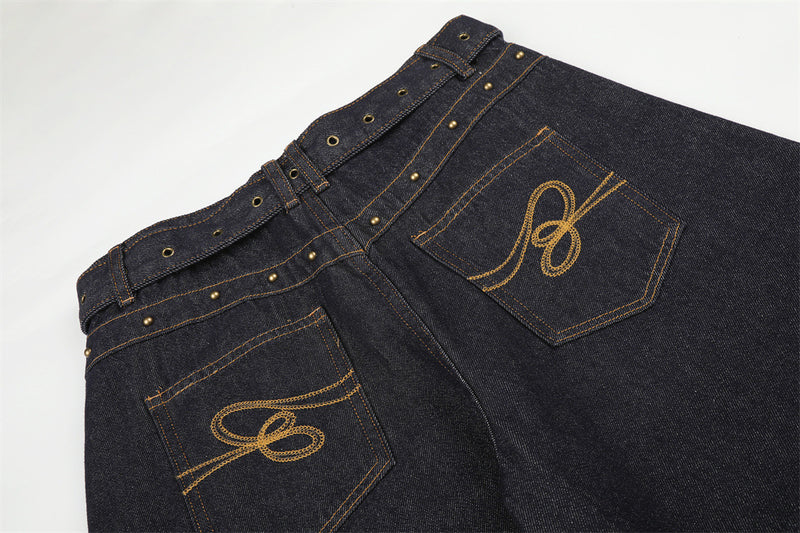 Oversized Barrel Leg Jeans with Belt, Studded Waist & Rhinestone Cuffed Hem