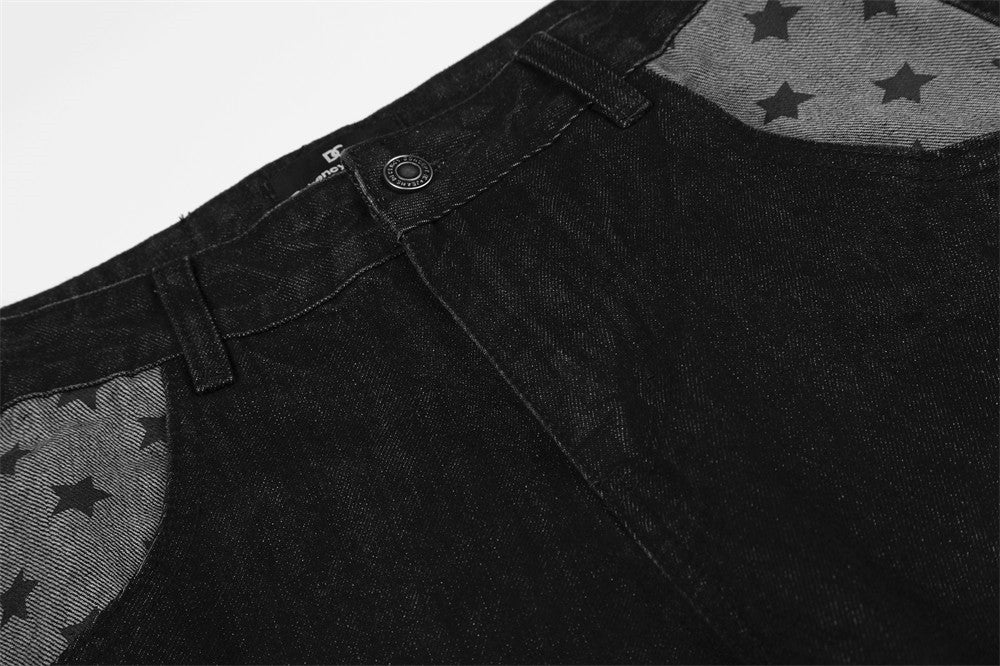 Men's Black Wide-Leg Jeans with Star-Print Contrast Pockets