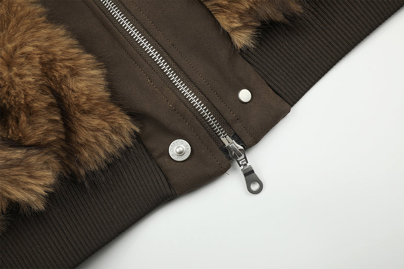 Faux Fur Hooded Bomber Jacket – Brown Oversized Winter Coat with Grommet Cuffs