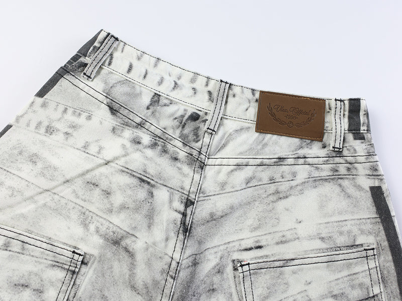 Jean wide leg effet usé – Blanc délavé imprimé 3D, coupe baggy déchirée
