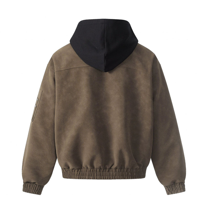 Blouson bomber oversize à capuche, vintage américain, broderie et suédine PU – Veste moto