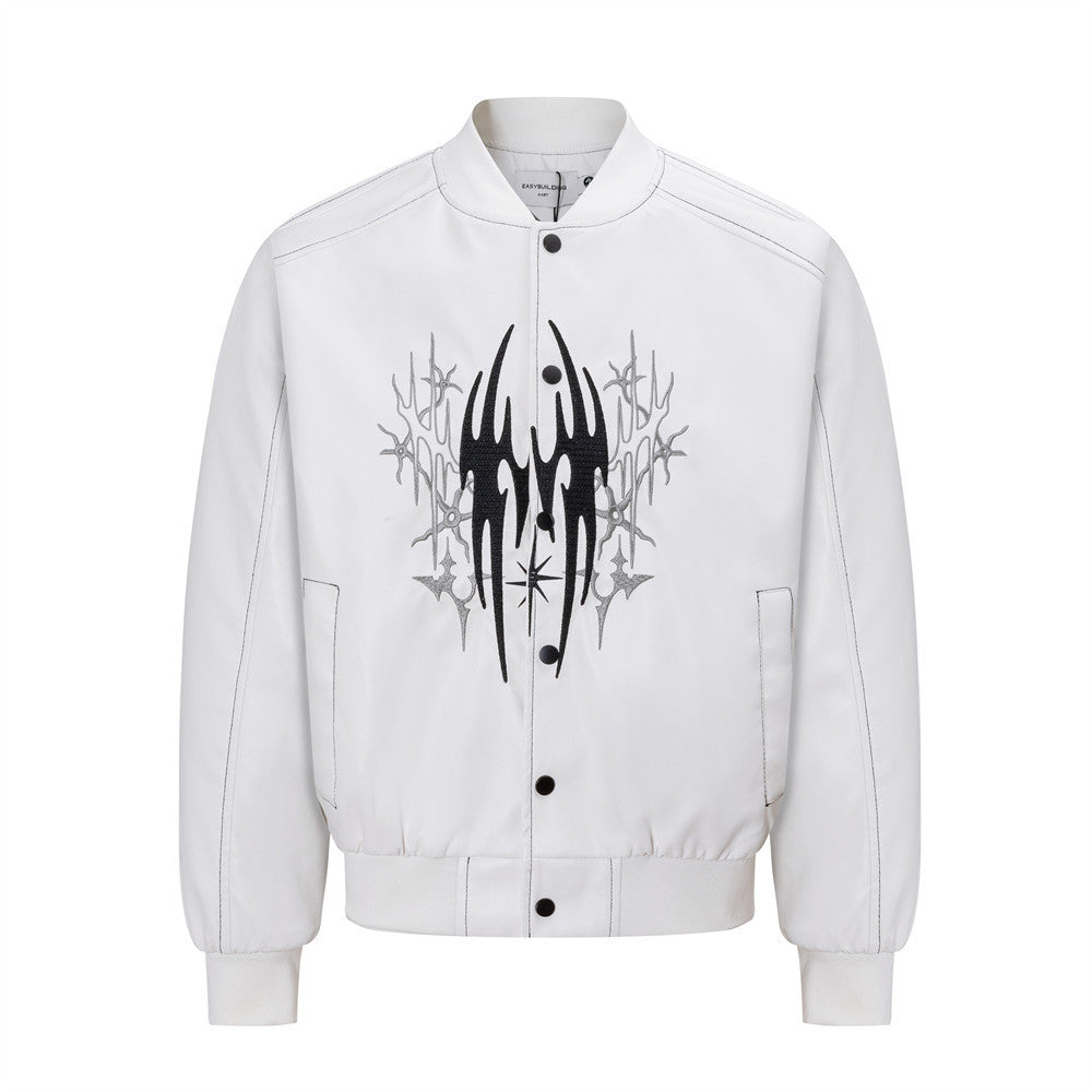 Men's oversized PU leather bomber jacket with punk tribal embroidery graphic on chest, shown in white colorway