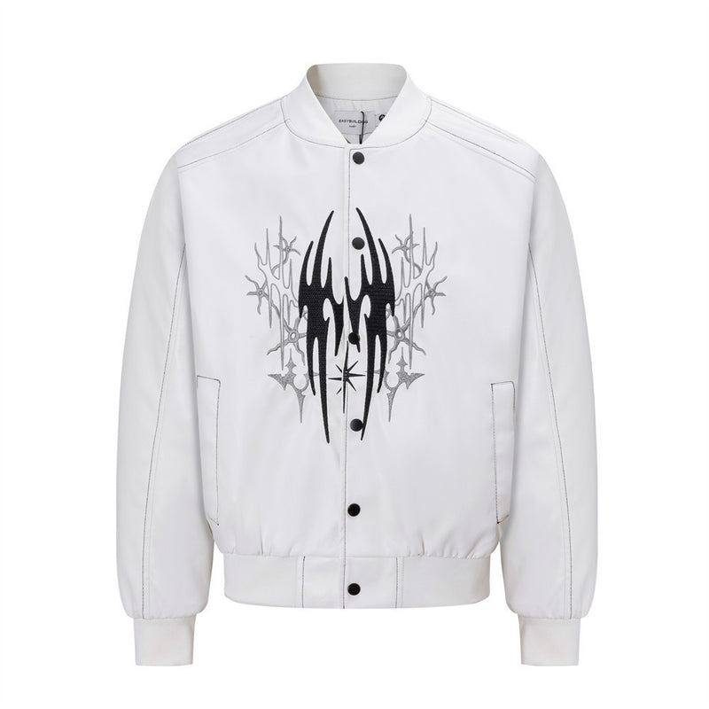 Men's oversized PU leather bomber jacket with punk tribal embroidery graphic on chest, shown in white colorway