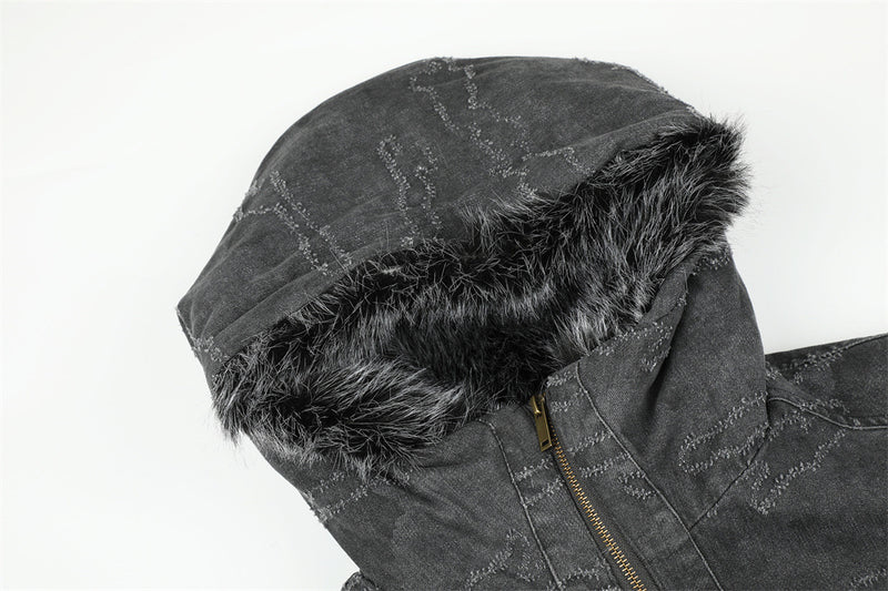 Gewaschene Denim-Pufferjacke mit Kapuze und Kunstfellbesatz – Used-Camo-Stitching