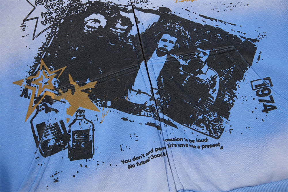 Punk Graphic Zip-Up Hoodie – Vintage Spray-Dye Oversized Streetwear Jacket