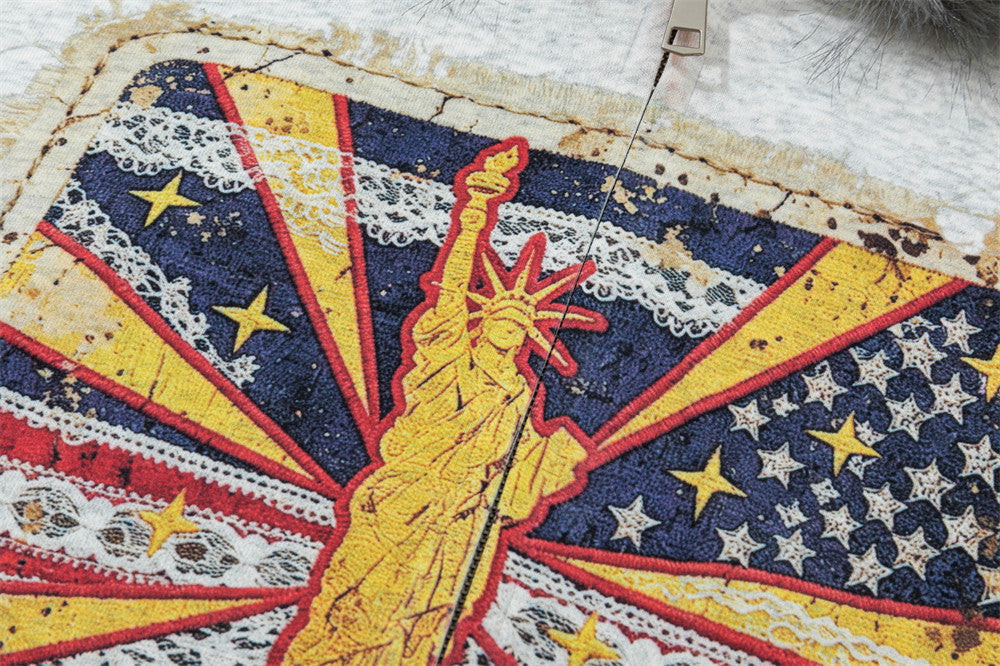 Sweat à capuche zippé oversize avec bordure en fausse fourrure et Statue de la Liberté vintage