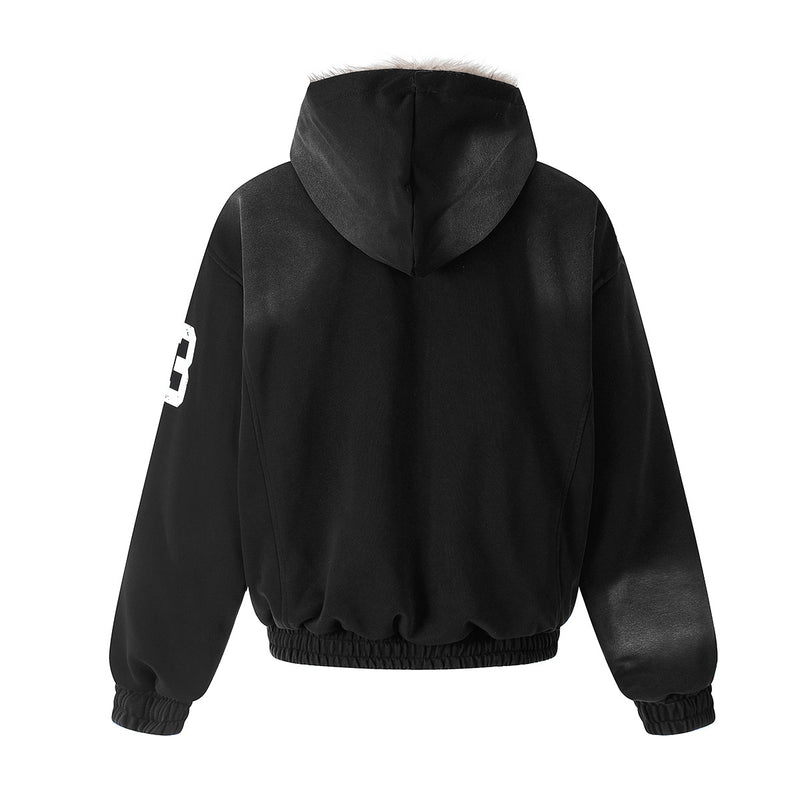 Black Energy Faux Fur-Lined Hooded Bomber Jacket – Washed Fleece Winter Coat