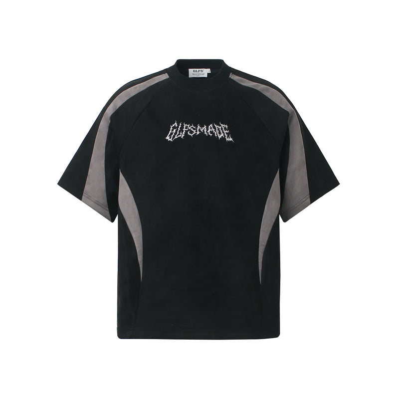 GLFSMADE colorblock suede panel short sleeve t-shirt with gothic embroidered logo in black, navy, and pink