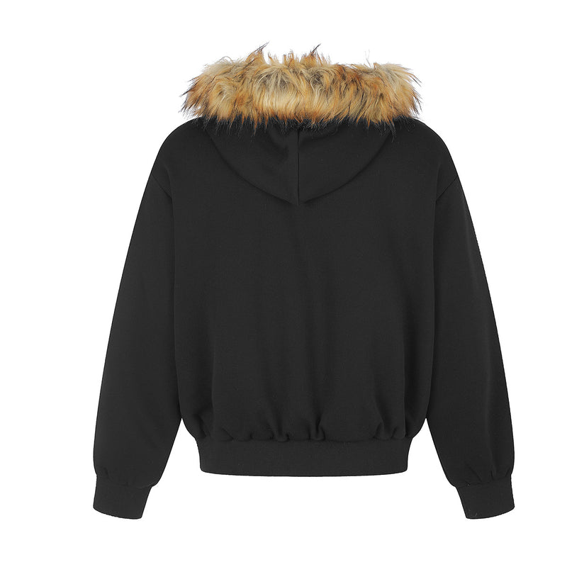Faux Fur Trim Hooded Zip Jacket with Sherpa Lining & Buckle Detail