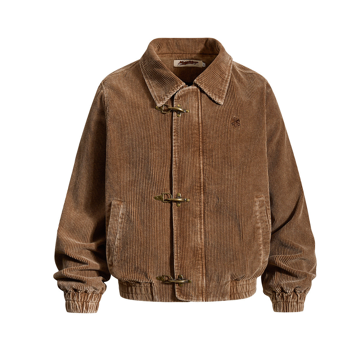 Cazadora bomber Harrington cuadrada de pana camel de canal ancho, con cierres de gancho y barra de latón envejecido y bajo acanalado