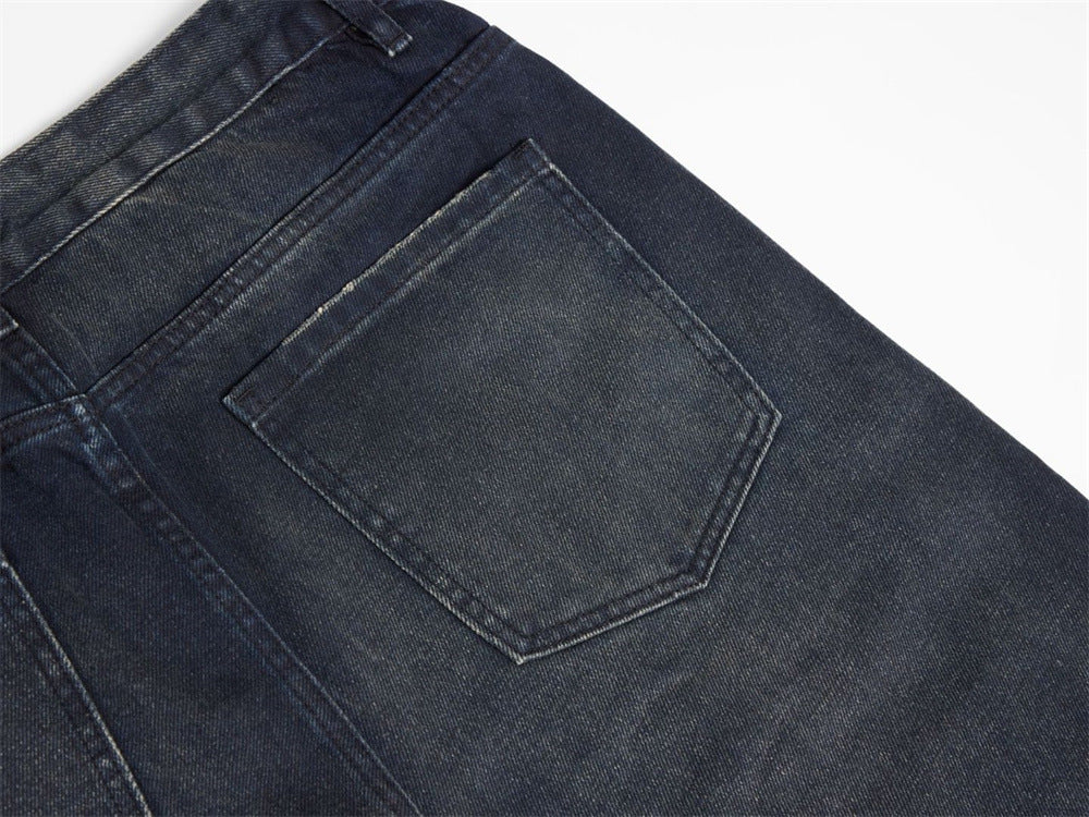 Men's Dark Wash Ripped Wide-Leg Jeans – Distressed Streetwear Denim
