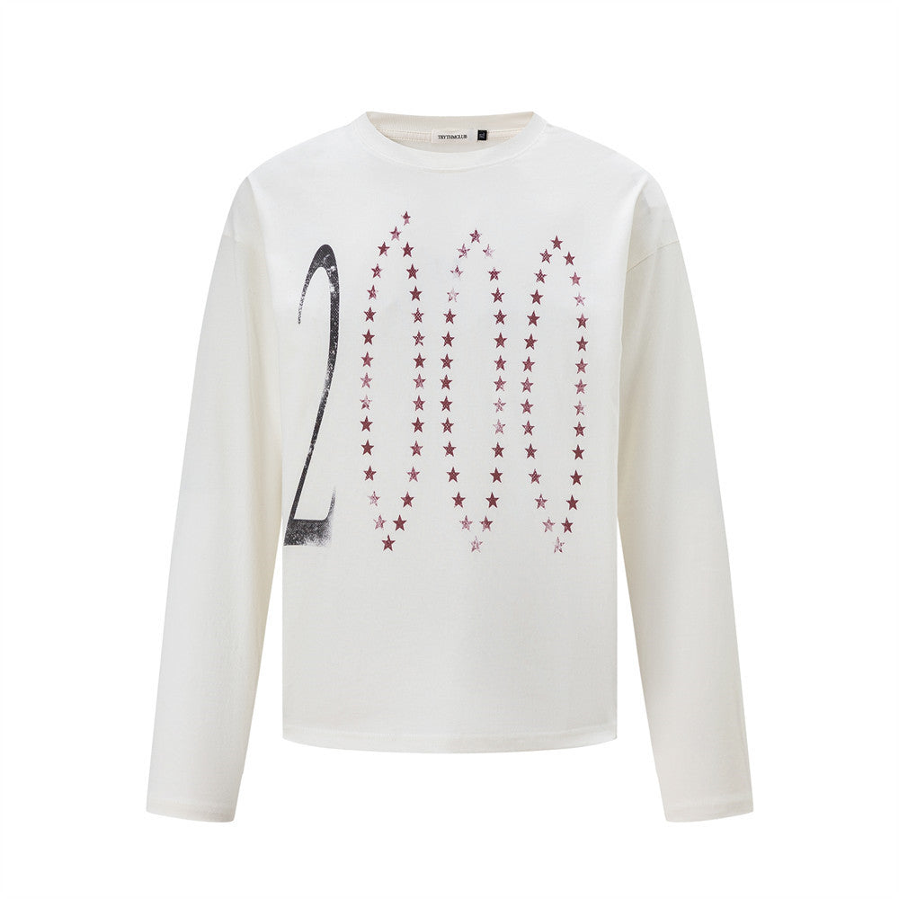 Long-Sleeve Star Print T-Shirt – Relaxed Fit Crew Neck Top