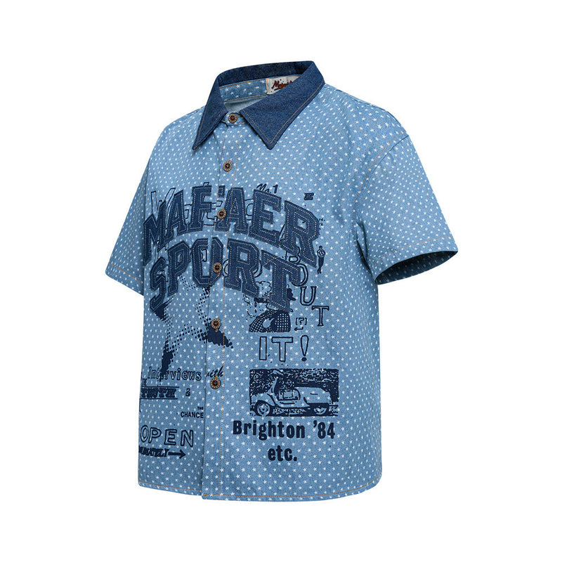 Short Sleeve Button-Up Shirt – All-Over Star Print with Varsity Graphic & Denim