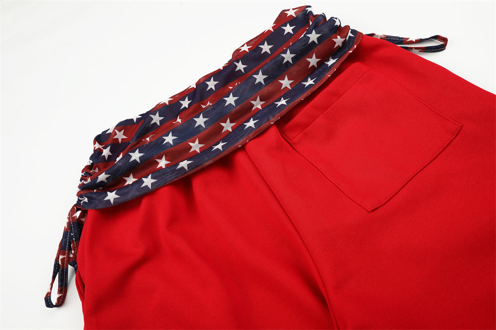 Wide-Leg Star & Stripe Waistband Pants with Side Drawstring Detail