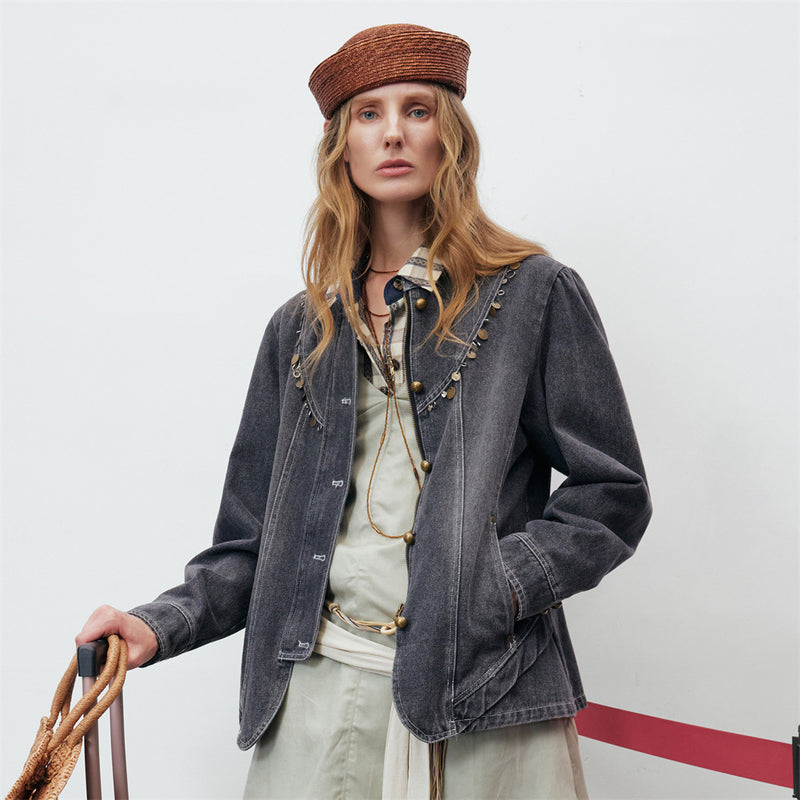 Men's Washed Denim Jacket with Metal Coin Chain Trim & Brass Buttons — Punk