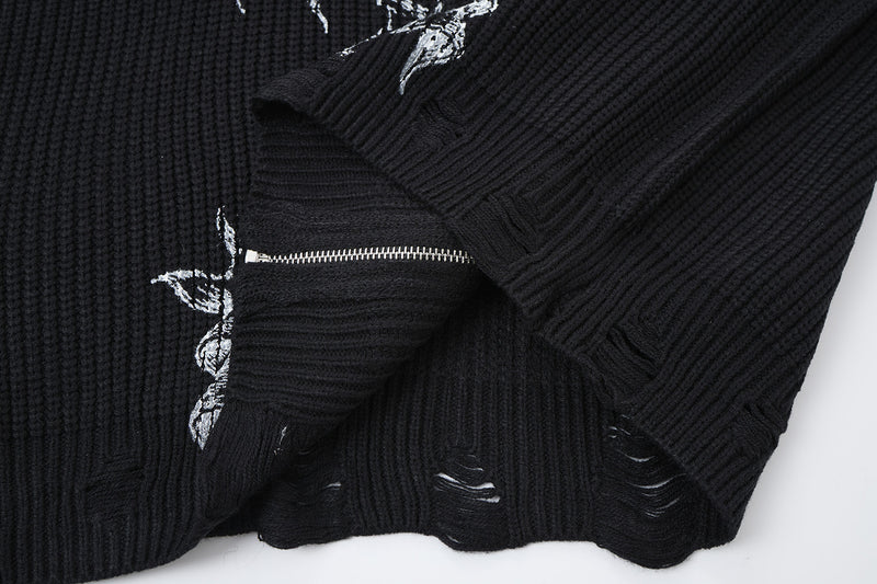 Pull zippé en maille à motif gothique – Col montant punk sombre Abyss Whisper