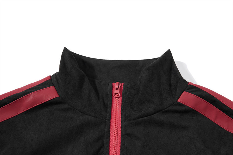 Suede Bomber Jacket Men's Black Embroidered Stand-Collar Track Jacket