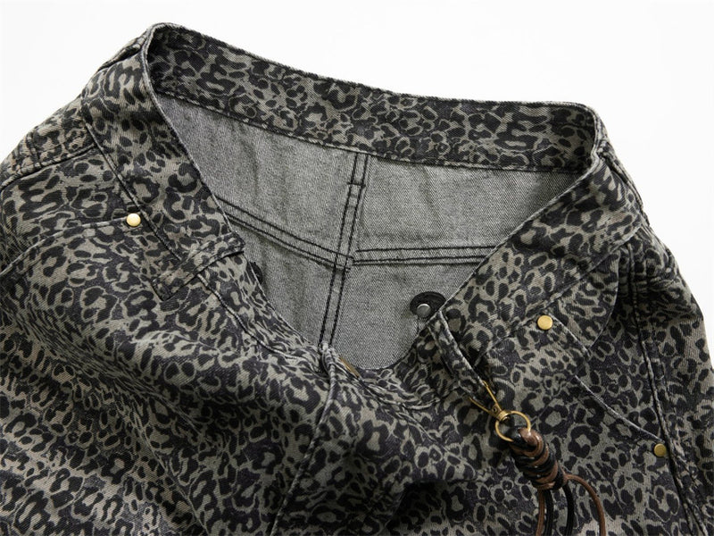 Leopard Print Wide-Leg Jeans – Vintage Washed Oversized Baggy Denim Pants