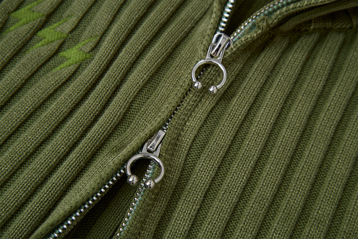 Ribbed Knit Mock-Neck Full-Zip Cardigan Sweater with Lightning Bolt Embroidery