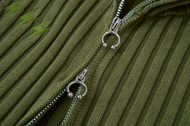 Ribbed Knit Mock-Neck Full-Zip Cardigan Sweater with Lightning Bolt Embroidery