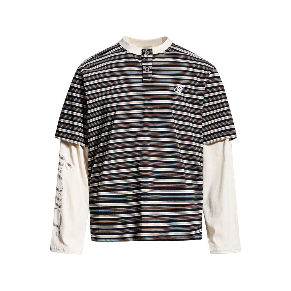 Black striped Henley t-shirt with cream long sleeves, front view
