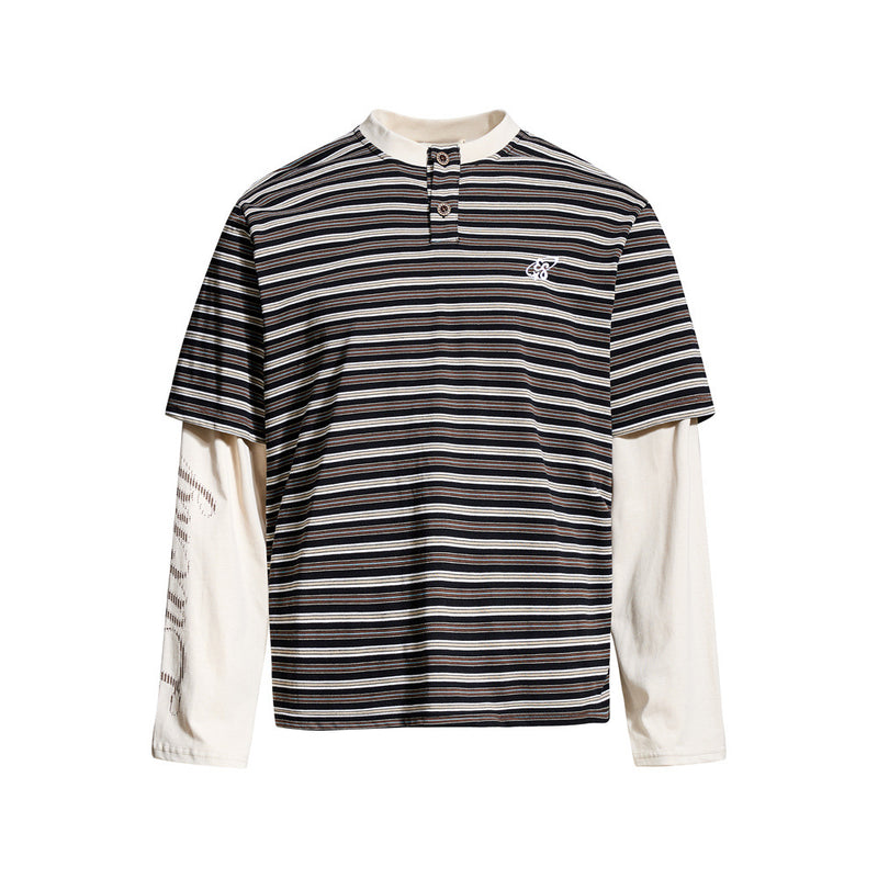 Black striped Henley t-shirt with cream long sleeves, front view