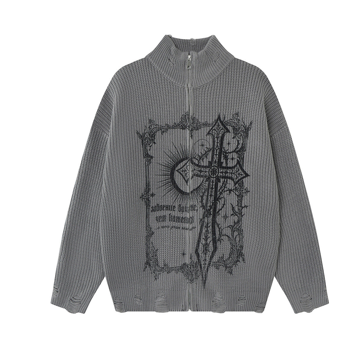 Pull oversize à col roulé zippé en grosse maille délavée, imprimé croix gothique, coloris gris, vue de face
