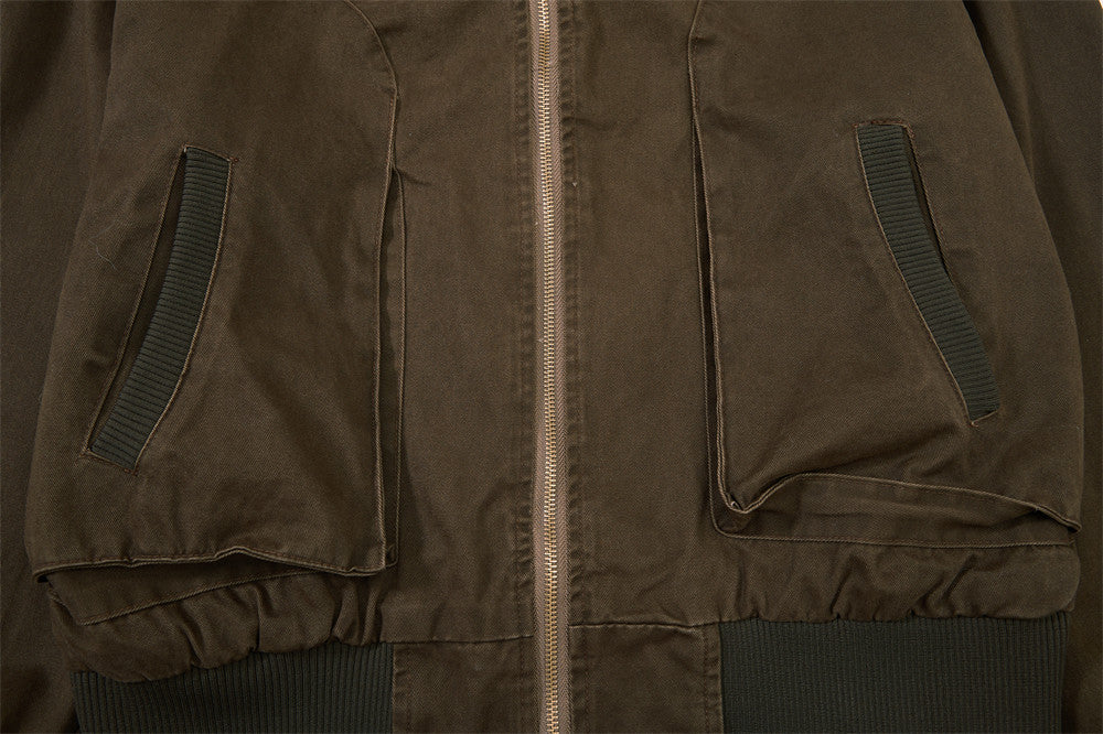 Washed Cargo Bomber Jacket – Men's Oversized Stand Collar with Double Chest Zips