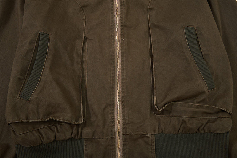 Washed Cargo Bomber Jacket – Men's Oversized Stand Collar with Double Chest Zips