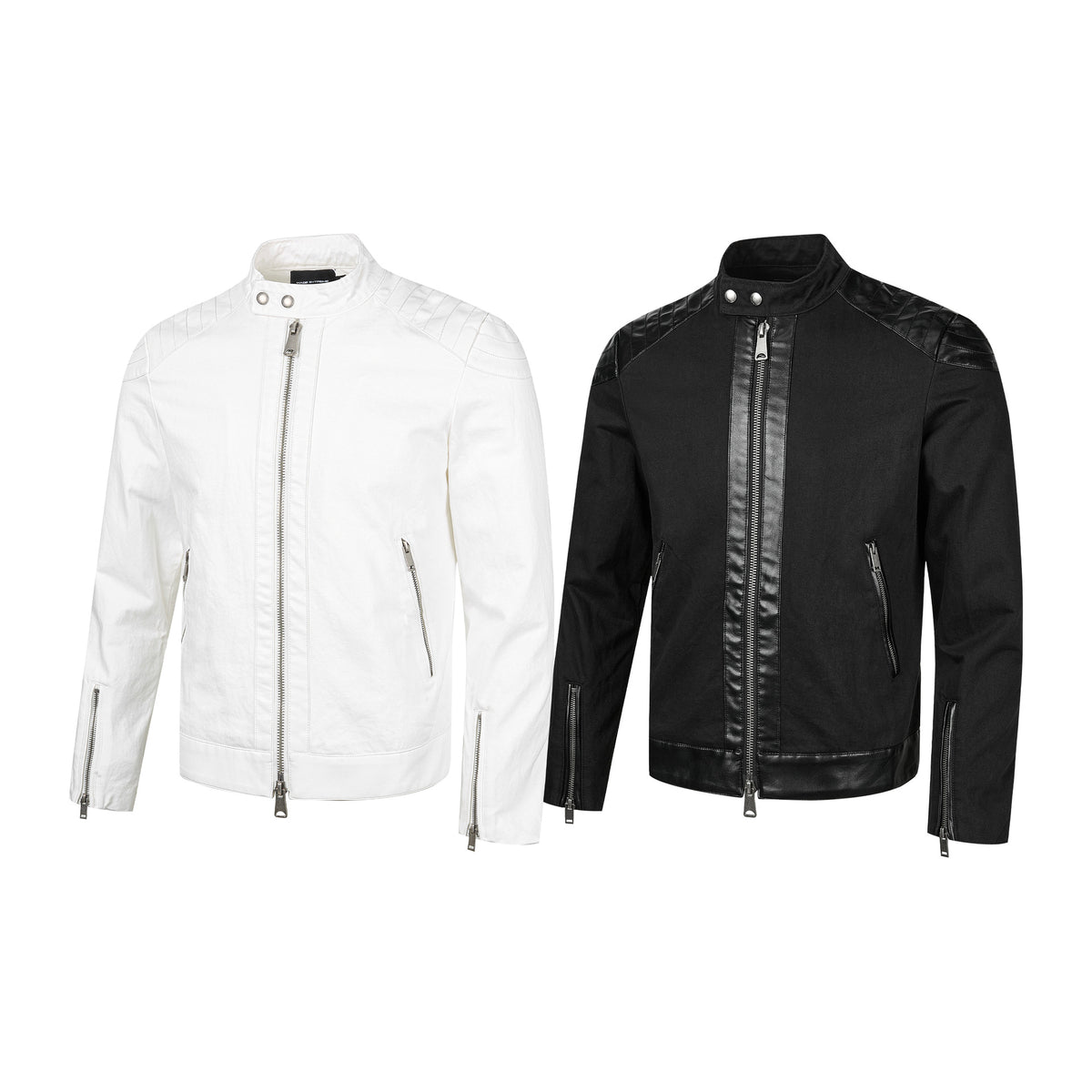 Men's Moto Biker Jacket with Leather Trim, Stand Collar & Zip Detail