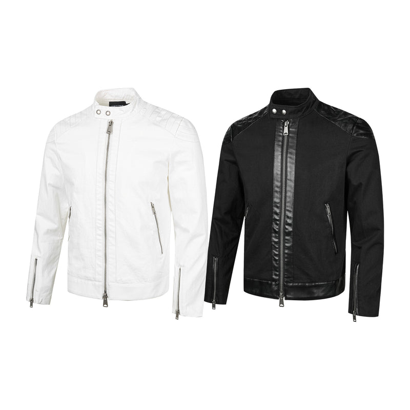 Men's Moto Biker Jacket with Leather Trim, Stand Collar & Zip Detail