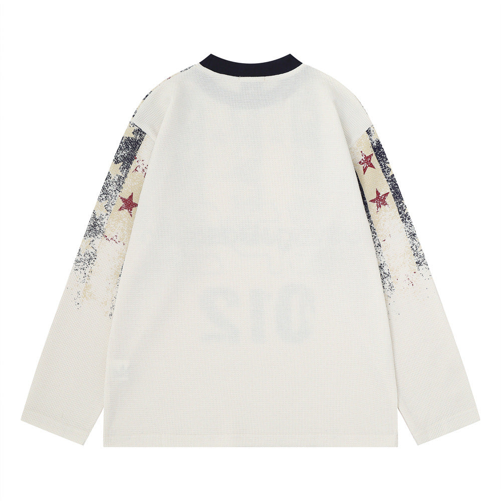 Long Sleeve Waffle-Knit Graphic Tee – Distressed Star & Stripe Print, Oversized