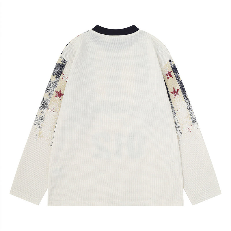 Long Sleeve Waffle-Knit Graphic Tee – Distressed Star & Stripe Print, Oversized