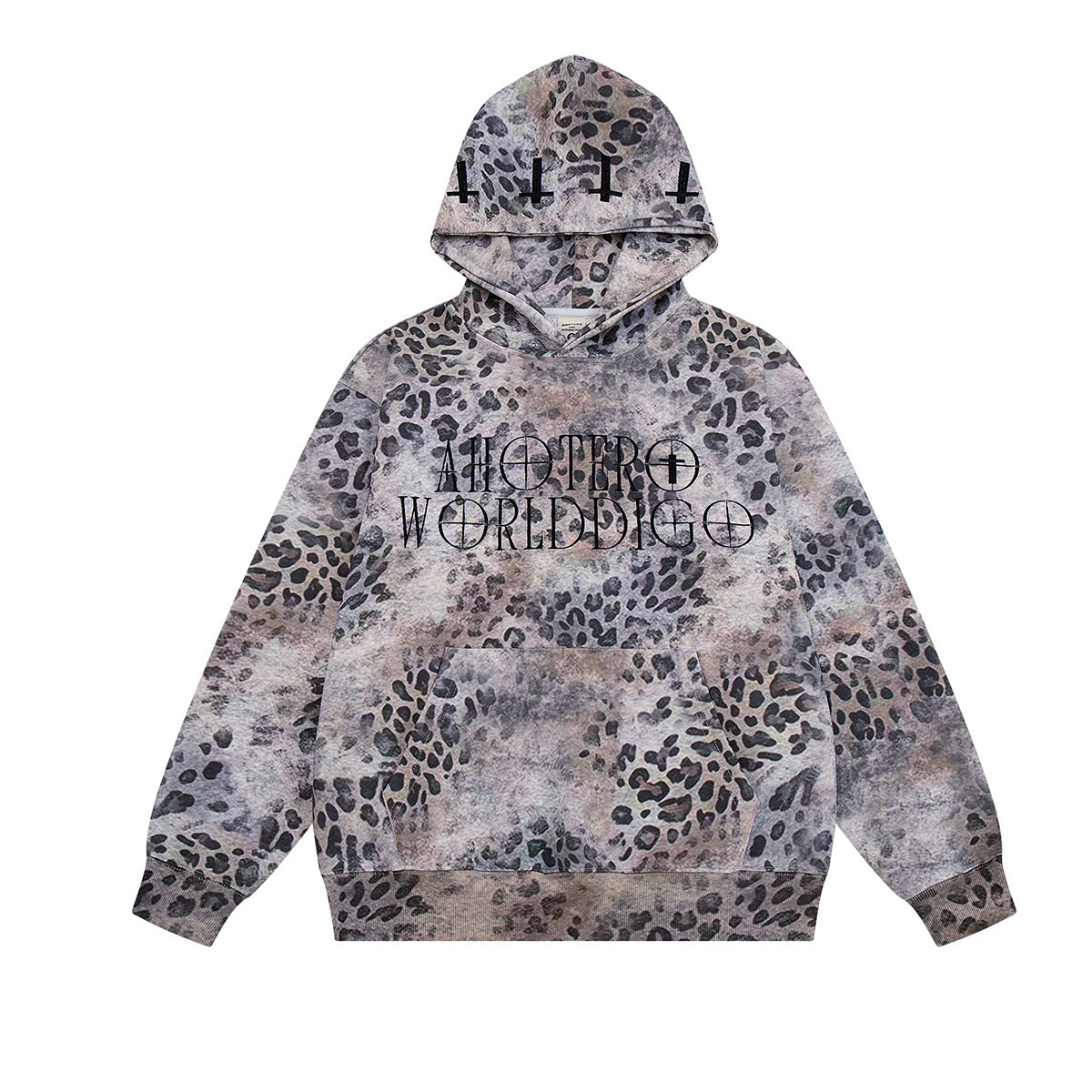 Oversized Hoodie mit durchgehendem Leopardenmuster und gotischem „Another World“-Brustprint, Vorder- und Rückansicht