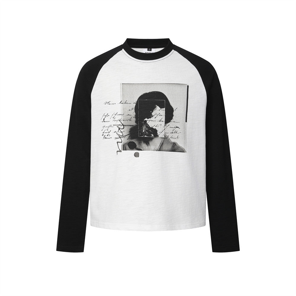 Raglan-Langarmshirt mit Grafik – Schwarz-Weiß-Porträtprint