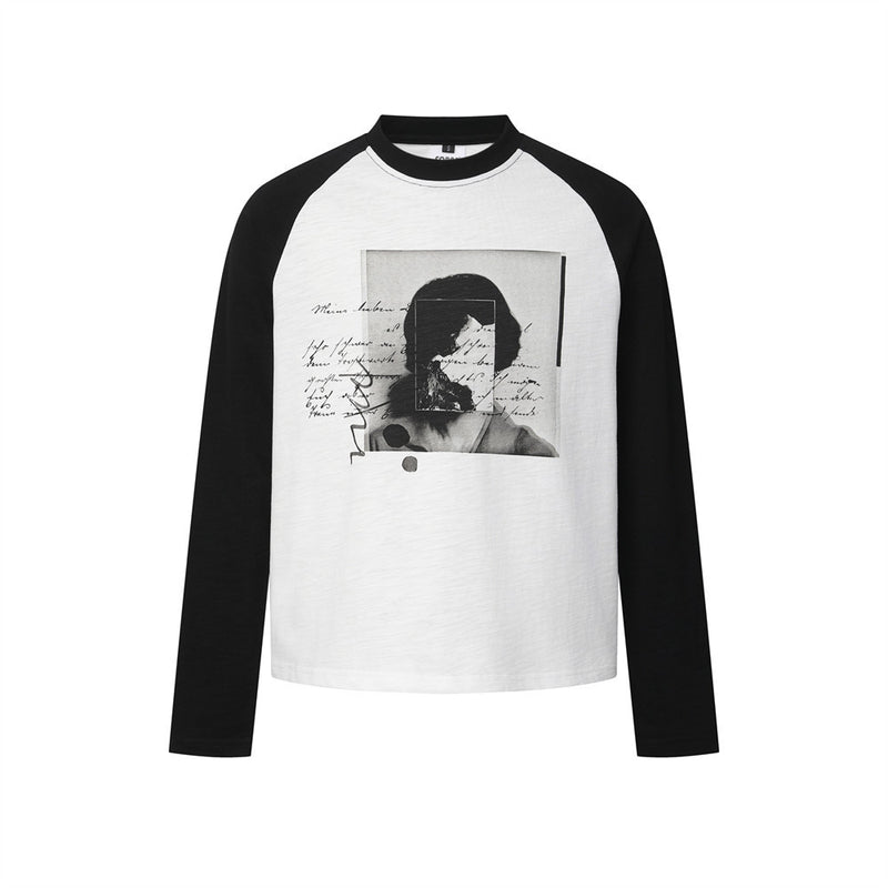 Raglan-Langarmshirt mit Grafik – Schwarz-Weiß-Porträtprint