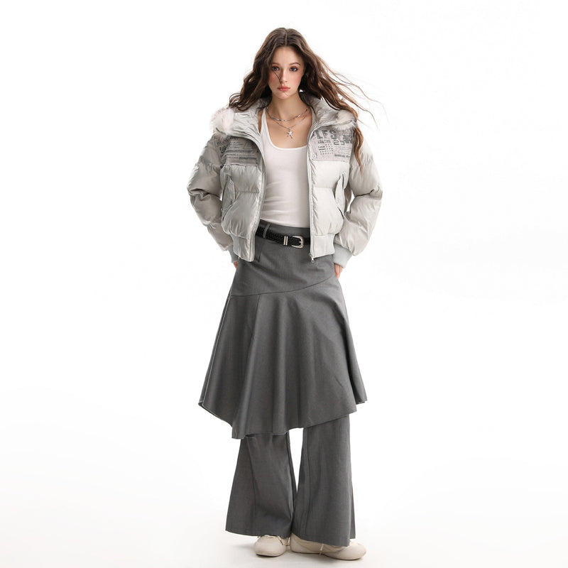 Blouson bomber matelassé court à col en fourrure – Manteau d’hiver à capuche et écussons graphiques