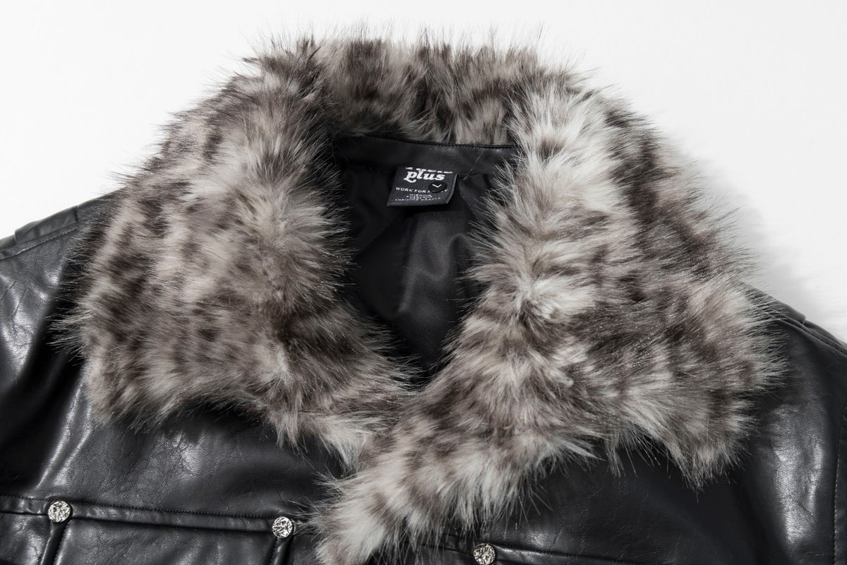 Black Faux Leather Biker Jacket with Faux Fur Collar & Lining