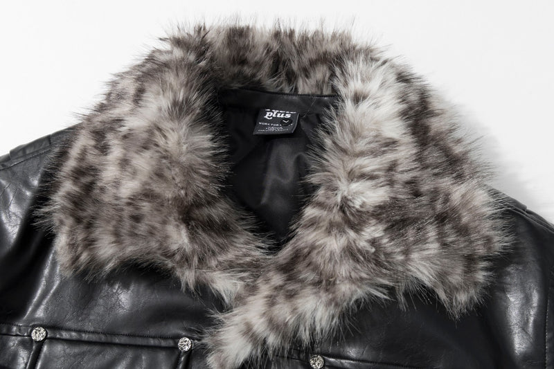 Black Faux Leather Biker Jacket with Faux Fur Collar & Lining