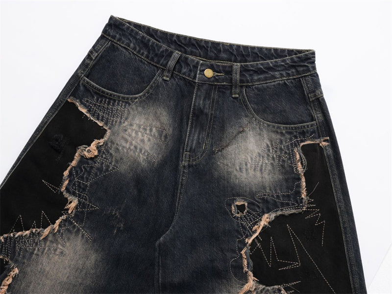 Distressed Patchwork Wide-Leg Jeans – Baggy Ripped Denim with Washed Finish